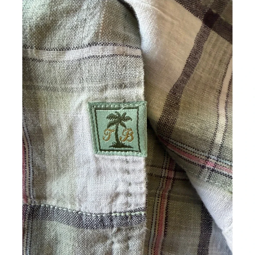 Tommy Bahama Men‎ L 100% Linen Plaid Short Sleeve Button Down Camp Shirt Green